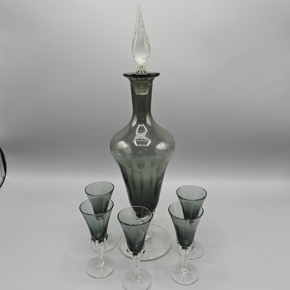 Unmarked Other - Vintage Empoli Italian Smoke Grey Decanter & Cordial Glasses Set 5 Twisted Foot